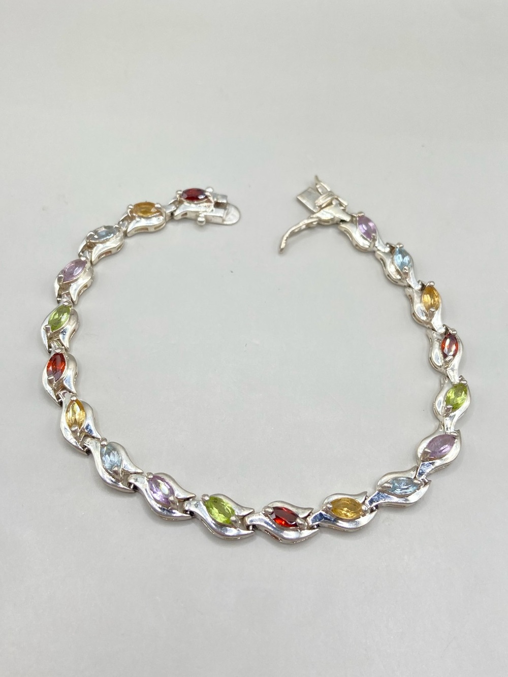 Vintage Sterling Silver Marquis Cut Multi Gemstone Tennis Bracelet